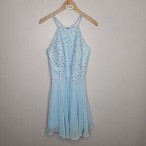 Vnaix‎ Dress Jeweled Crochet Bodice Chiffon Size 12 Blue Open Back Event Evening